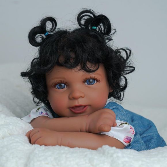 Reborn Baby Dolls Black African American Soft Body With Curls Blue